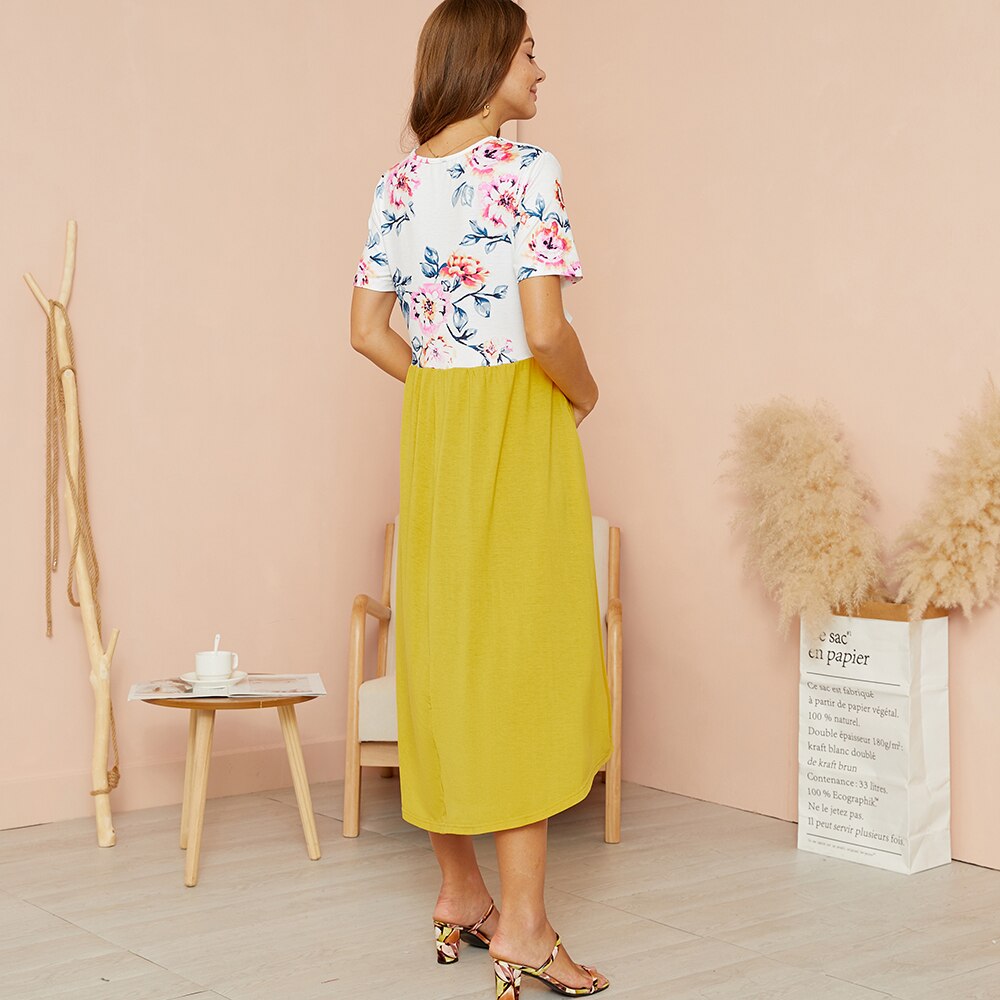 PatPat-vestido de lactancia de manga corta, prenda de maternidad de cuello redondo, Color Block, amarillo