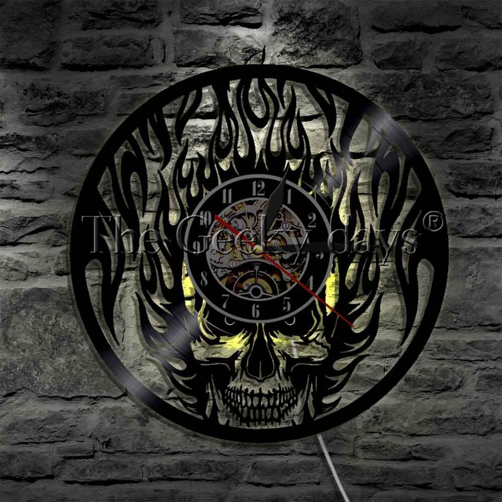 1Piece Black Fire Skull Wall Clock Cranium Horror Vinyl Clock LP Record Death's Head Decorative Clock Led Lighting