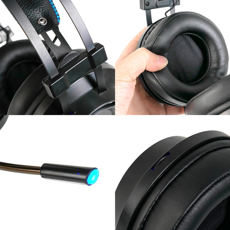 Gaming headset 7.1 dyp bass stereo spillhodetelefoner med mikrofon fargerikt led-lys for pc bærbar pc + spillmus + musematte