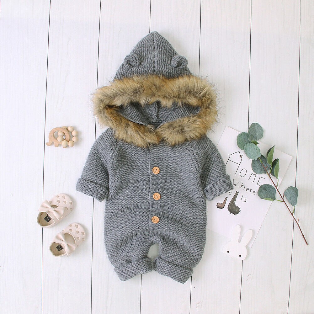 0-24M Baby Meisje Jongen Winter Rompertjes Kleding Gebreide Lange Mouwen Single Breasted Hoodie Romper Jumpsuit Outfits
