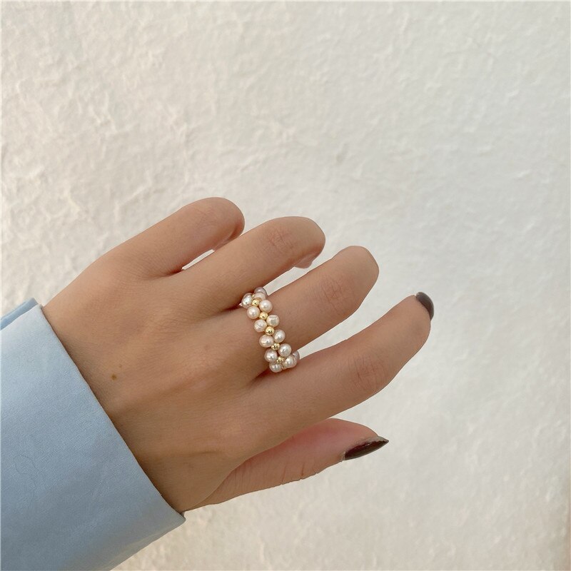 AOMU Natural Baroque Pearl Ring Female Ins Tide Japanese Retro Cold Elastic Ring for Women Adjustable Waven Ring: B