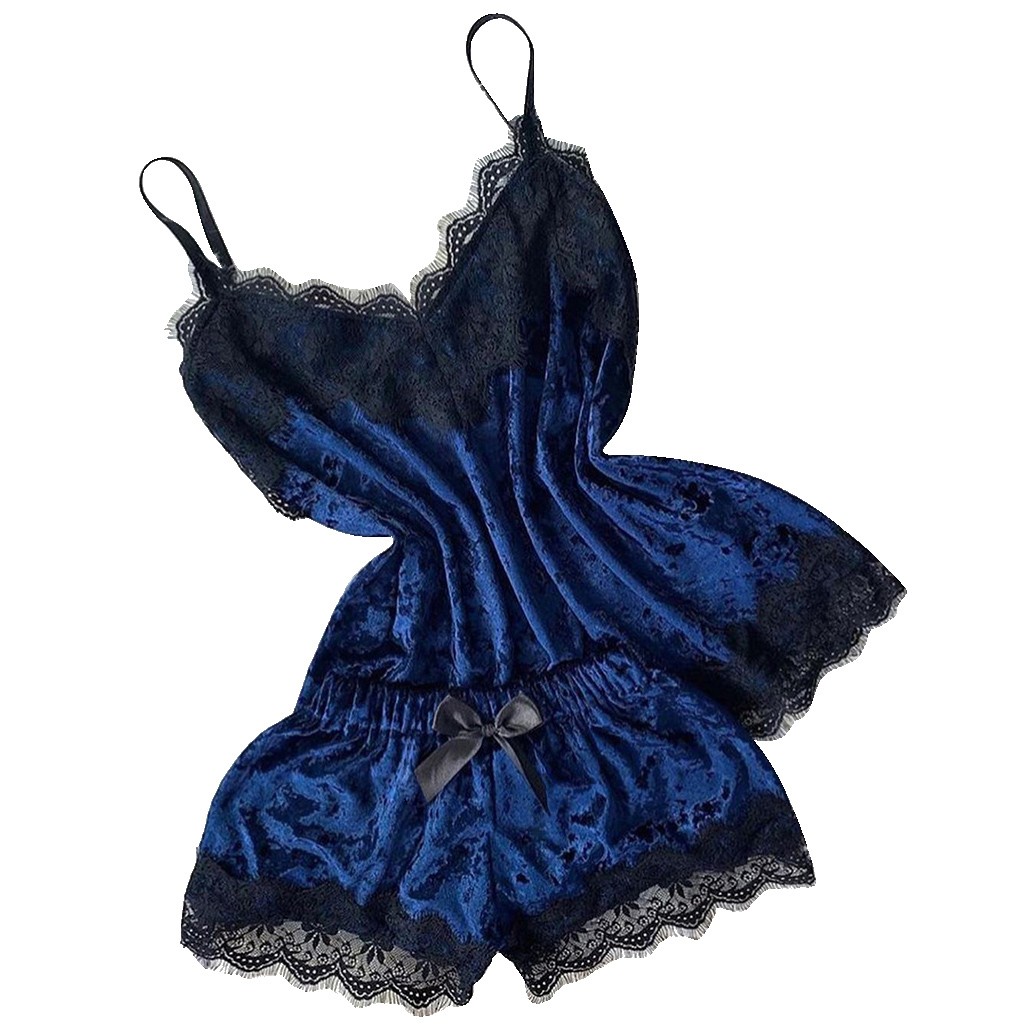 Sommarpyjamas kvinnor sammet rosett sovplagg ärmlös rem nattplagg spetskant cami topp pyjamas set femme sexiga underkläder: S / Blå