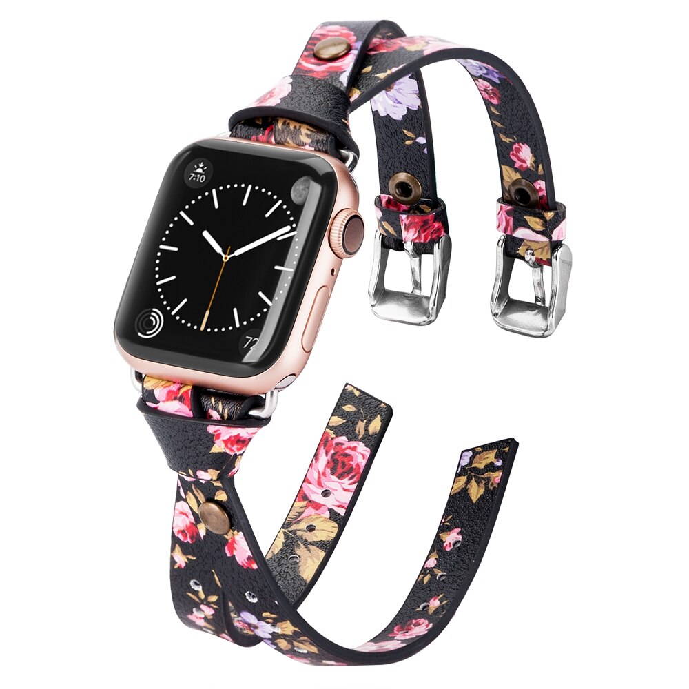 Toyouths dobbel skinnrem for apple watch serie 5 4 3 2 1 stropp for iwatch chic kvinner menn skinn 38mm/40mm /42mm/44mm: Svartrosa / 42mm 44mm