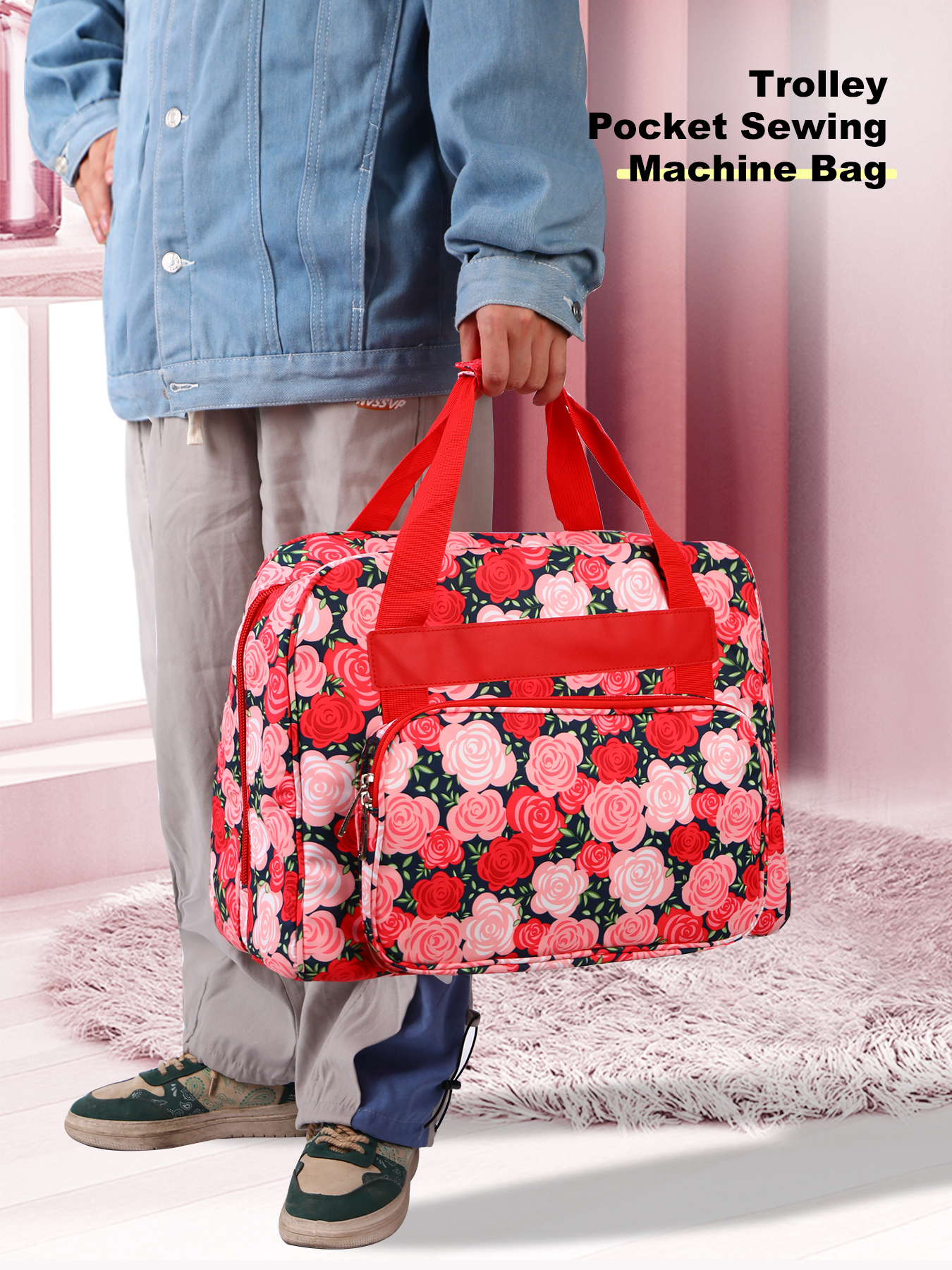 Bærbar symaskinveske med trekkstang, innstikkslommer for reise og et verktøysett for strikke- og sytilbehør: Burgunder