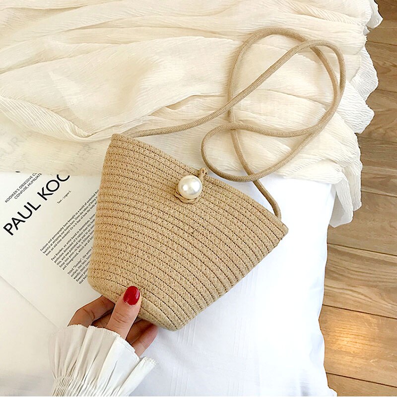 Bohème femmes perle sac de paille Mini sacs à bandoulière été plage sacs de messager sac à main: Marron