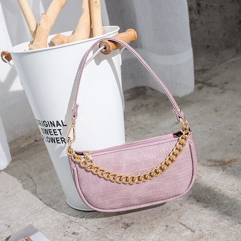 Stijlvolle schoudertas voor dames, schelpvormig, effen kleur, krokodillenpatroon, ketting, wild, messengertas voor dagelijks winkelen: Paars