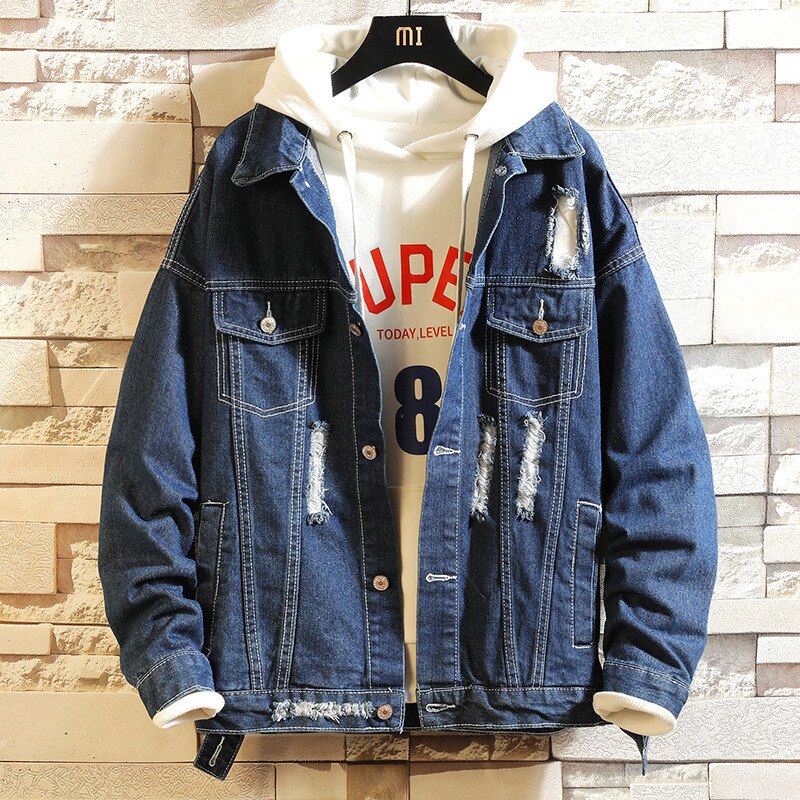 Veste en jean déchirée pour homme, style coréen, grande taille, style hip-hop, ample