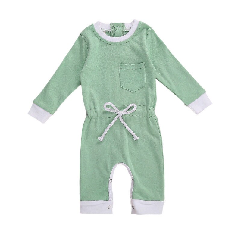 Baby Baby Meisjes Jongens Solid Romper Lange Mouwen Elastische Taille Een Stuk Jumpsuit Met Front Pocket Lente Herfst Kleding: green / 18m