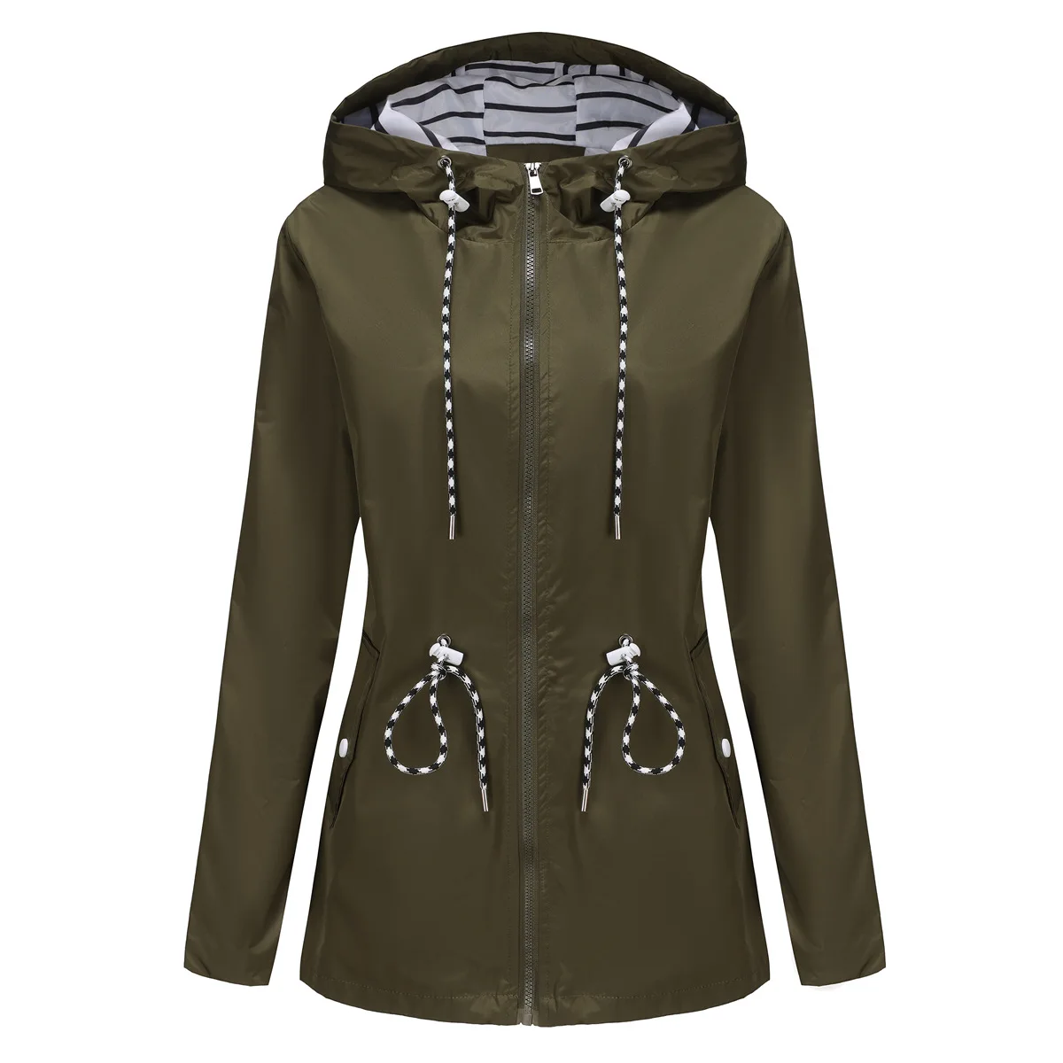 Blue Waterproof Hooded Jacket Women Casual Coat Waist Drawstring Tie Zipper Switch Red Green Yellow Black Windbreaker: S / Beige