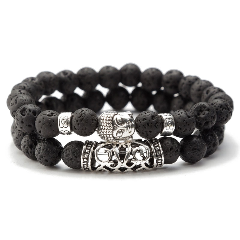 SUMENG 2 pièces ensemble noir lave pierre prière perles bouddha hommes perle Bracelet perlé Bracelets pour femme et hommes