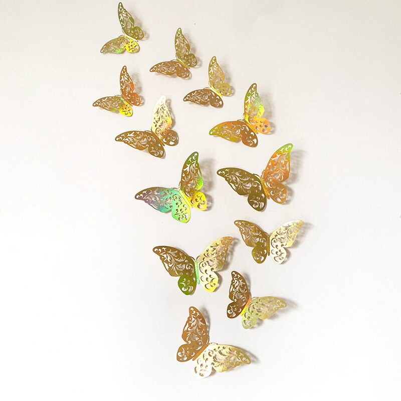 Autocollant mural papillon 3D ajouré coloré doré, 12 pièces, décorations de mariage, décoration de salon, sparadrap d&#39;art pour la maison