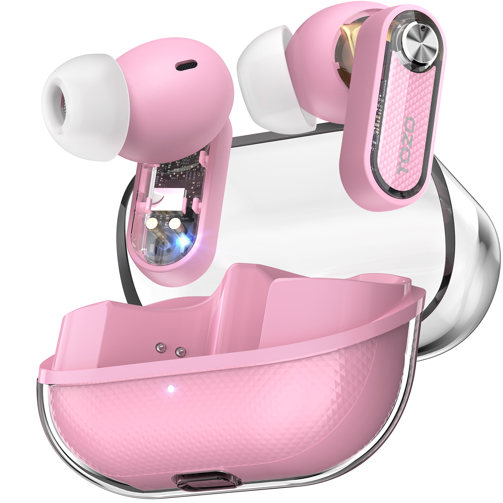 Tozo crystal pods trådlösa öronsnäckor med in-ear-funktion, bluetooth 5.4, dubbla mikrofoner, ai, tydliga samtal, transparent laddningsfodral: Rosa