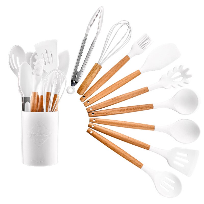Juego de Utensilios de Silicona para la Cocina, Instrumentos para Cocinar, Espátula y Pala Antiadherente, Accesorio con Mango de Madera, con Recipiente de Almacenamiento: White