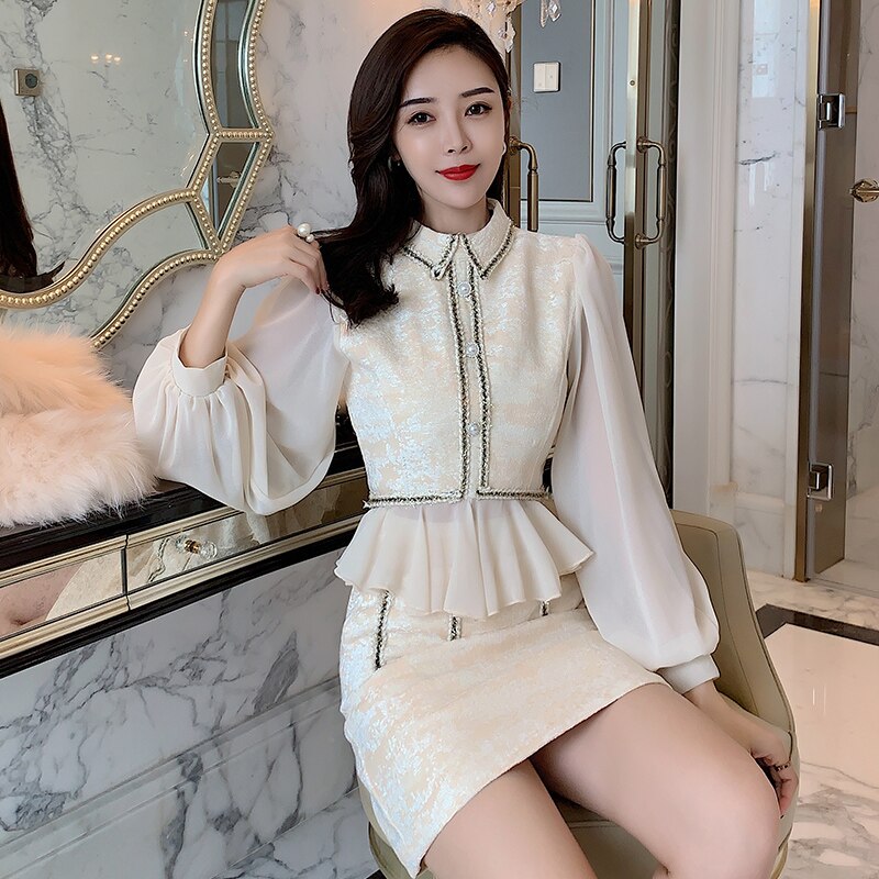 Bornladies Elegante Vintage Chiffon Panel Lantaarn Mouw Jurk Outfit Tweedelige Set