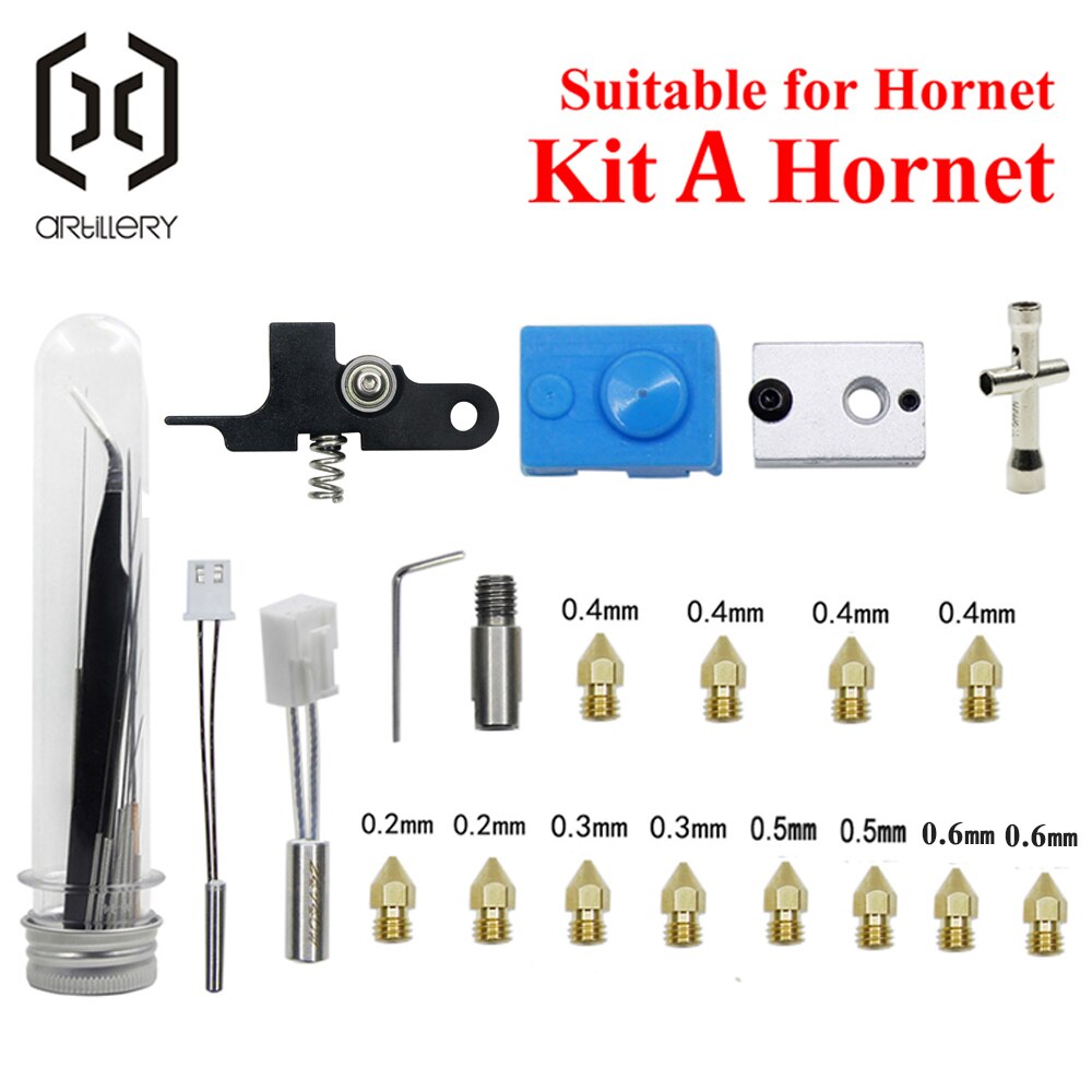 The 3D printer Artillery Extruder Hornet silicone nozzle kit heating block throat heat pipe and thermistor idler arm support: Kit A Hornet
