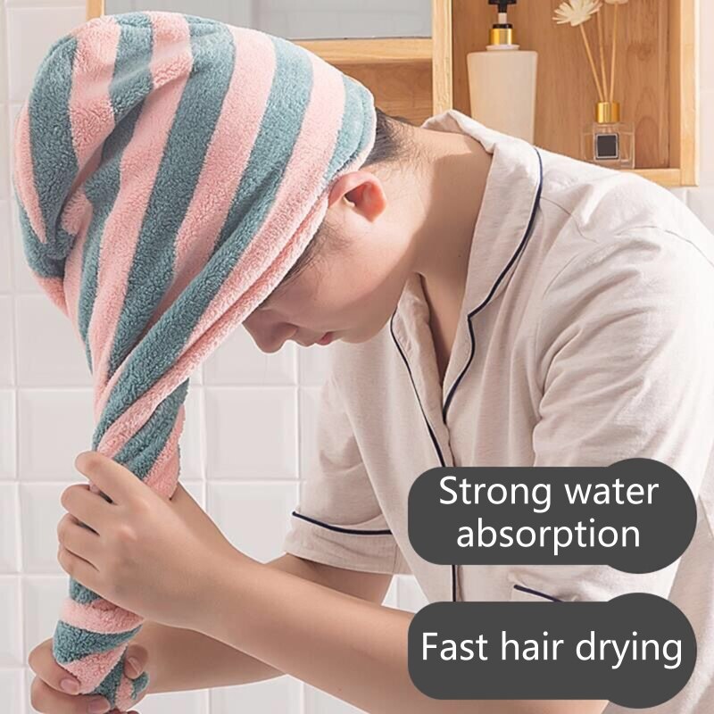 Droog Haar Cap Super Absorberende Haardrooginrichtingen Hoed Snel Droog Gestreepte Douche Haar Tulband Coral Fleece Haar Handdoek Voor Drogen krullend Lange