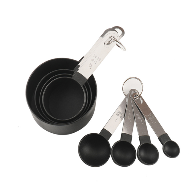 4Pcs/8Pcs Messbecher und Löffel Mehrzweck Löffel Tasse Messung Werkzeug Backen Zubehör Edelstahl Griff Küche gadget: BlackSet