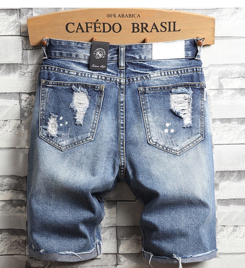 Men Big Holes Denim Shorts Summer Blue Short Jeans Men Cotton Casual Jean Shorts Knee Length Straight Jeans Size 36
