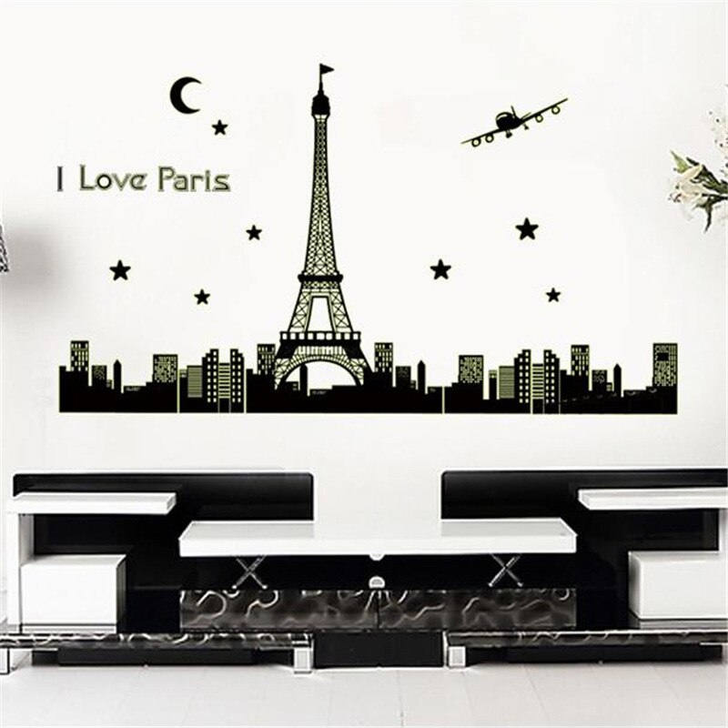 Panoramic I Love Paris Eiffel Tower Wall Sticker Quote Luminous City Night View Home Decor Decal Bedroom Fluorescent Wallpaper