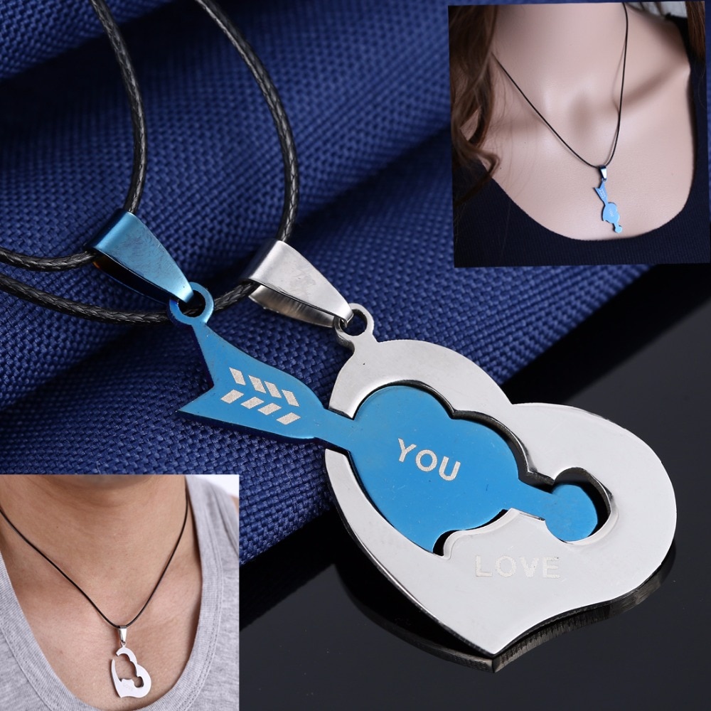 Couples Pendant Necklaces For Women Men Leather Rope Stainless Steel Puzzle Black Arrow Heart Necklace Charms Jewellery