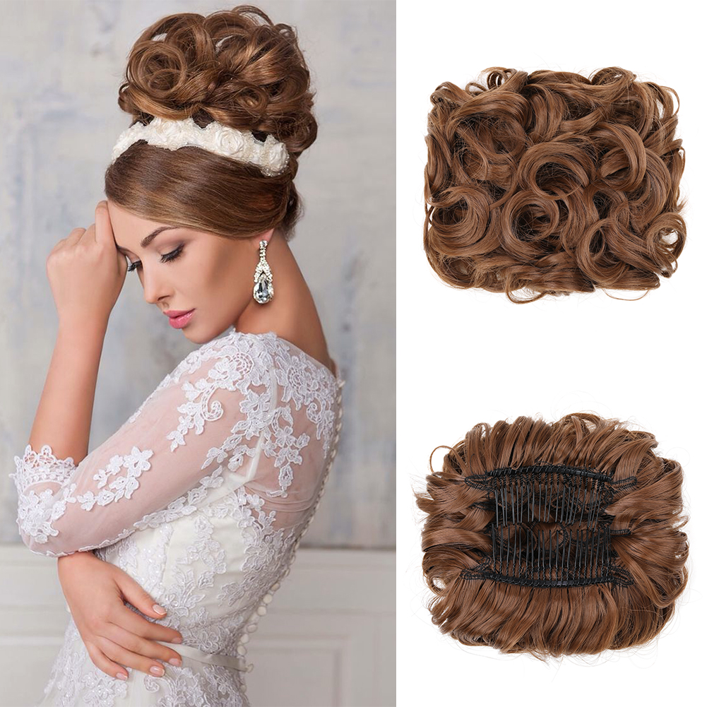Coque bagunçado coque de cabelo premium sintético encaracolado prato de cabelo pentes de metal em elegante scrunchie bun extensão de cabelo para mulheres