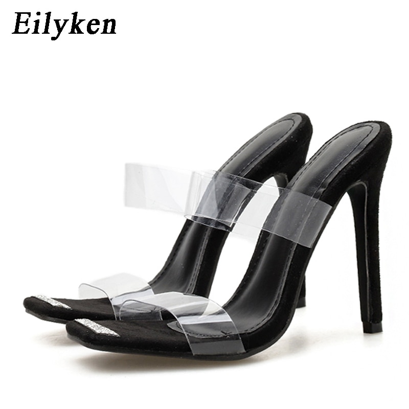 Eilyken Pvc Transparante Jelly Muilezels Slippers Vrouwen Zomer Sexy Vierkante Open Tenen Hoge Hak Schoenen Hoge Hakken Sandalen