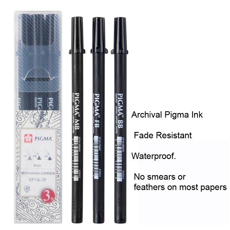 Sakura Pigma cepillo pluma pincel de conjunto bien medio y audaz arte marcador 3-PC negro tinta impermeable Flexible plumas de archivo tinta