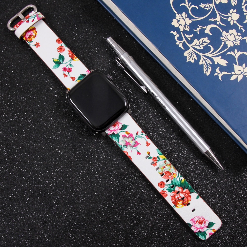 Bånd til apple watch 5 4 3 2 1 38mm/40mm/42mm/44mm, blomstret paragraf læderrem til iwatch-serien tilbehør