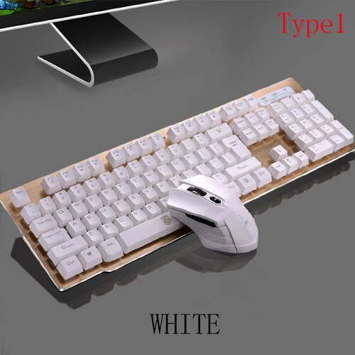 Imitation Mechanical Gaming Keyboard Mouse Combo Rechargeable Backlight Wireless Keyboard Alloy Panel Suitable For Computer Game: Type1 White