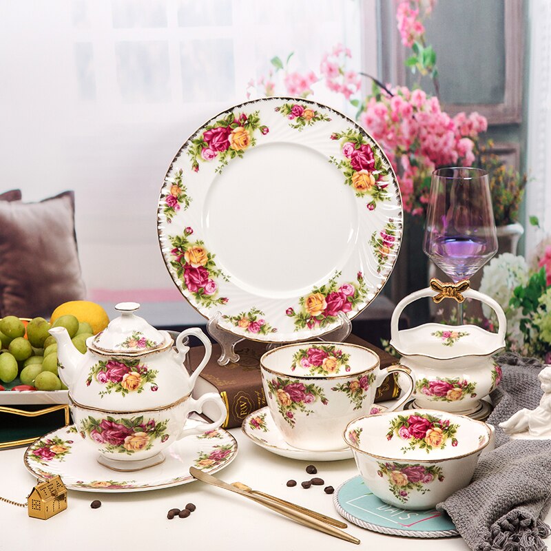 screw thread plate relief bone china plate rose tableware set dessert plate cake plate