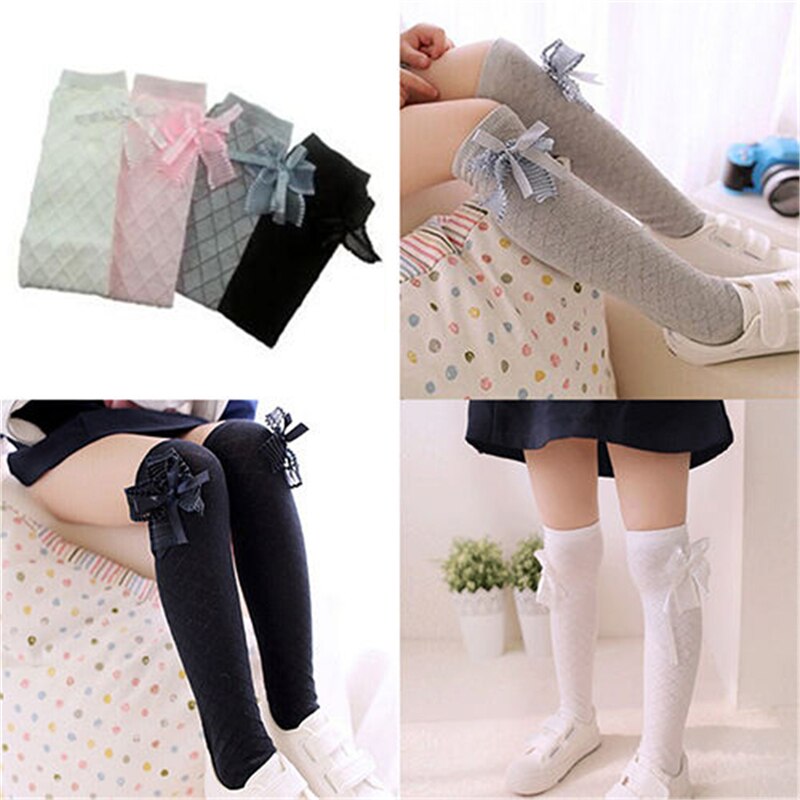 4 Colors Tights School High Knee Gridding Bow Stockings Girl Classic Cotton Stockings teen pantyhose girls tights for kids
