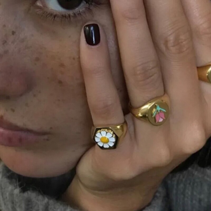 Emaille Yin Yang Tai Chi Ringe für Frauen Gold Silber Farbe Herz Geometrische Metall klobig Ringe modisch Schmuck