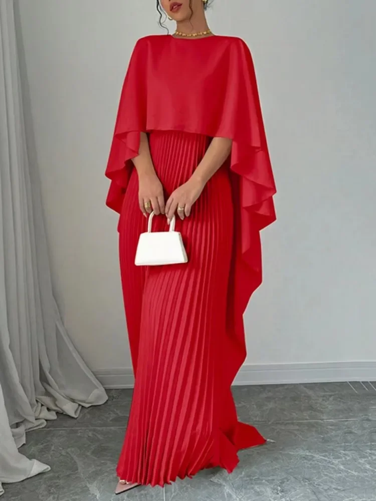 Neue Weibliche Stilvolle High-Low Party Abend Maxi Kleider Frühling Herbst Cape Ärmeln Einfarbig Gefaltetes Langes Kleid