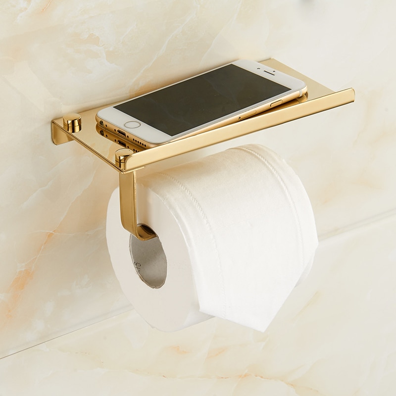 Guld toiletpapirholder rustfrit stålresistent tissuepapirstativ med telefonholder poleret finis badeværelse tilbehørssæt