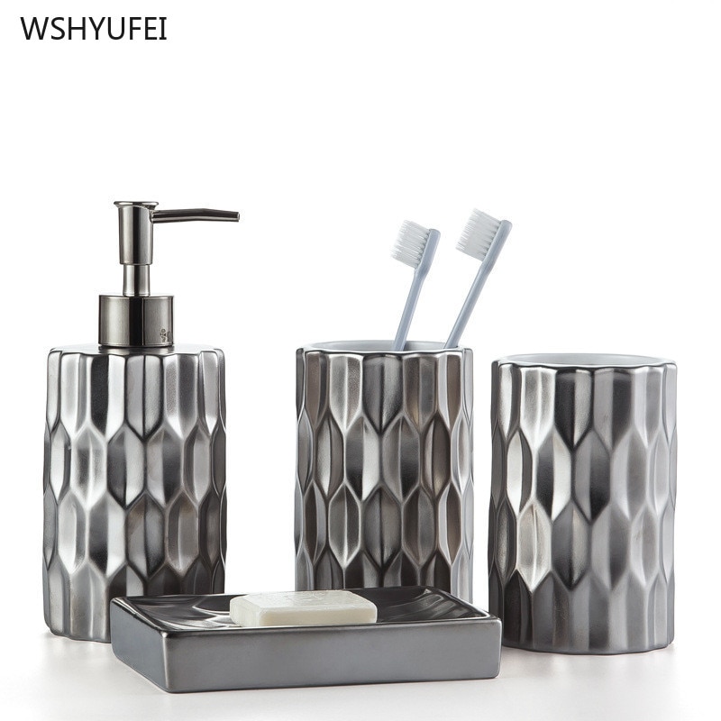 Creativity Silver plated Four piece set ceramic bathroom kit cup soap dispenser soap dish home hotel bathroom washing set