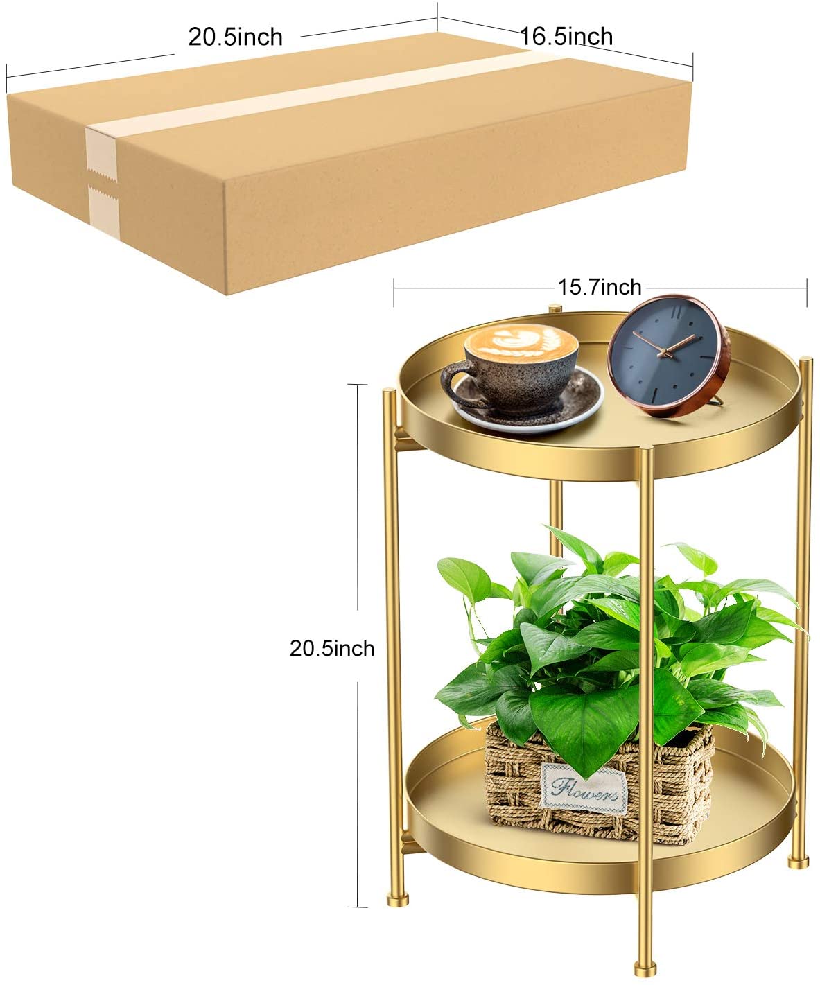 Round Side Table 2-Tier Sofa Table with Storage Shelf Small Tray Metal End Table Foldable Coffee Table for Bedroom Patio