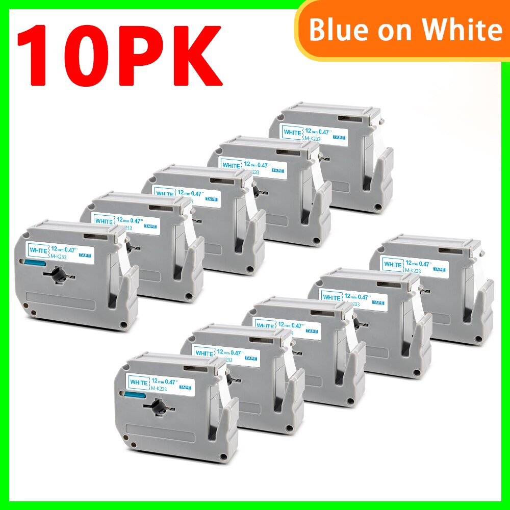 10pk sorte på hvide m -k231 labels til brother  mk 231 mk-231 label tape m tape 12mm label tape til brother p touch label maker: 10pk- blå på hvid / 12mm