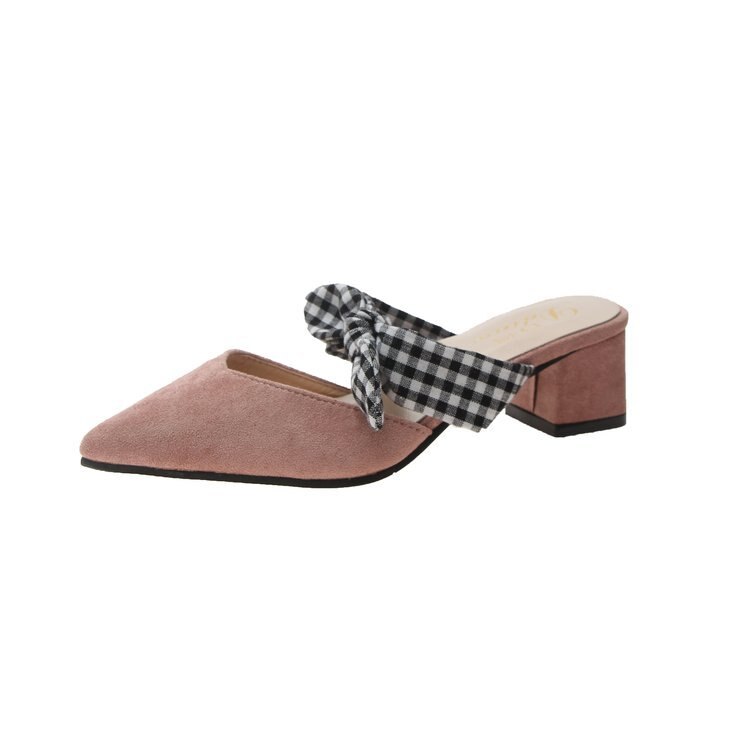 Kvinnor tip chunky-heel skor koreanska högklackat tå sandaler dam söt rosett tjock klack tofflor sommar aprikos skor