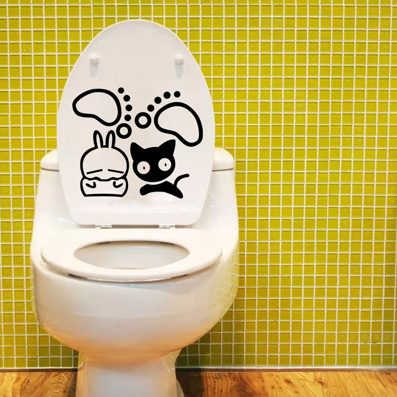 Muursticker met cartoon kitten, konijn, badkamerdecoratie, kinderkamerdecoratie, poster, schattige dierenstickers voor op de muur
