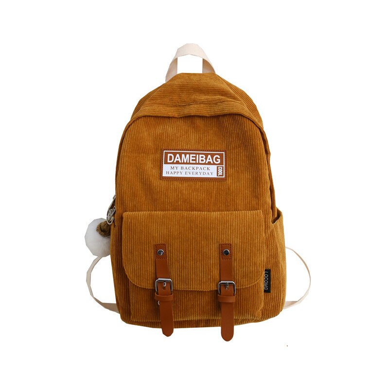 Stripe Corduroy Back Pack Women Cute School Bag Teenage Girls Backpack Harajuku Student Lady Book Bags With Pendant: Brown