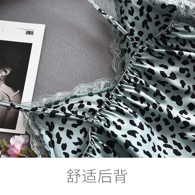 Lisacmvpnel Leopard Pattern Suspender Nightdress Women's Summer Thin Sexy Silk With Bra Lace Nightgown