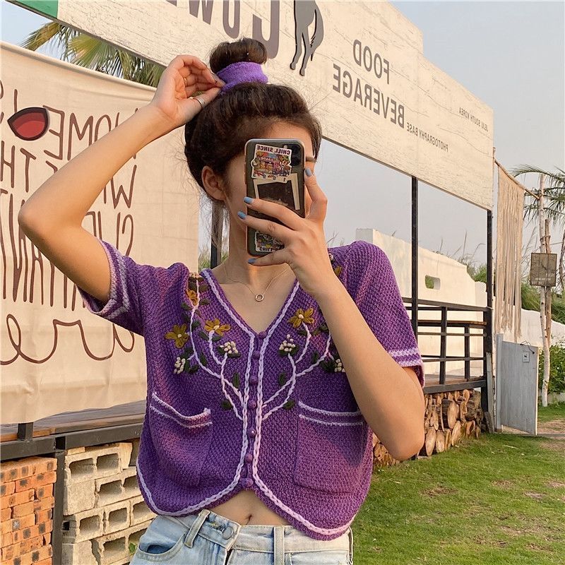 Rebeca de manga corta para mujer, ropa femenina, estética, cuello en V, retales de ocio, bordado con bolsillos de primavera,: purple