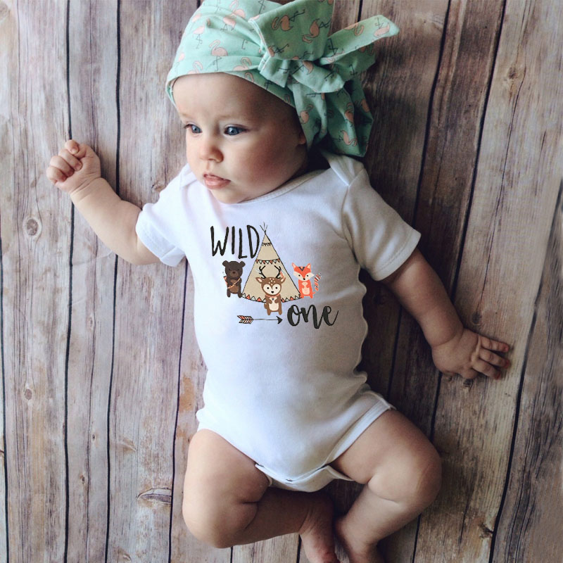 DERMSPE Newborn Baby Boy Girl Short Sleeve Letter Print Wild One Bear Giraffe Fox Jumpsuit Summer Baby Clothes White