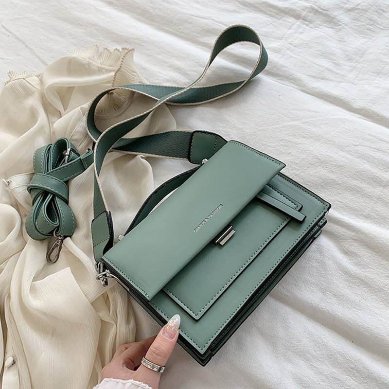 Women's Pu Leather Shoulder Bags With Wide Strap Casual Flap Handbag And Purse Cross Body: green
