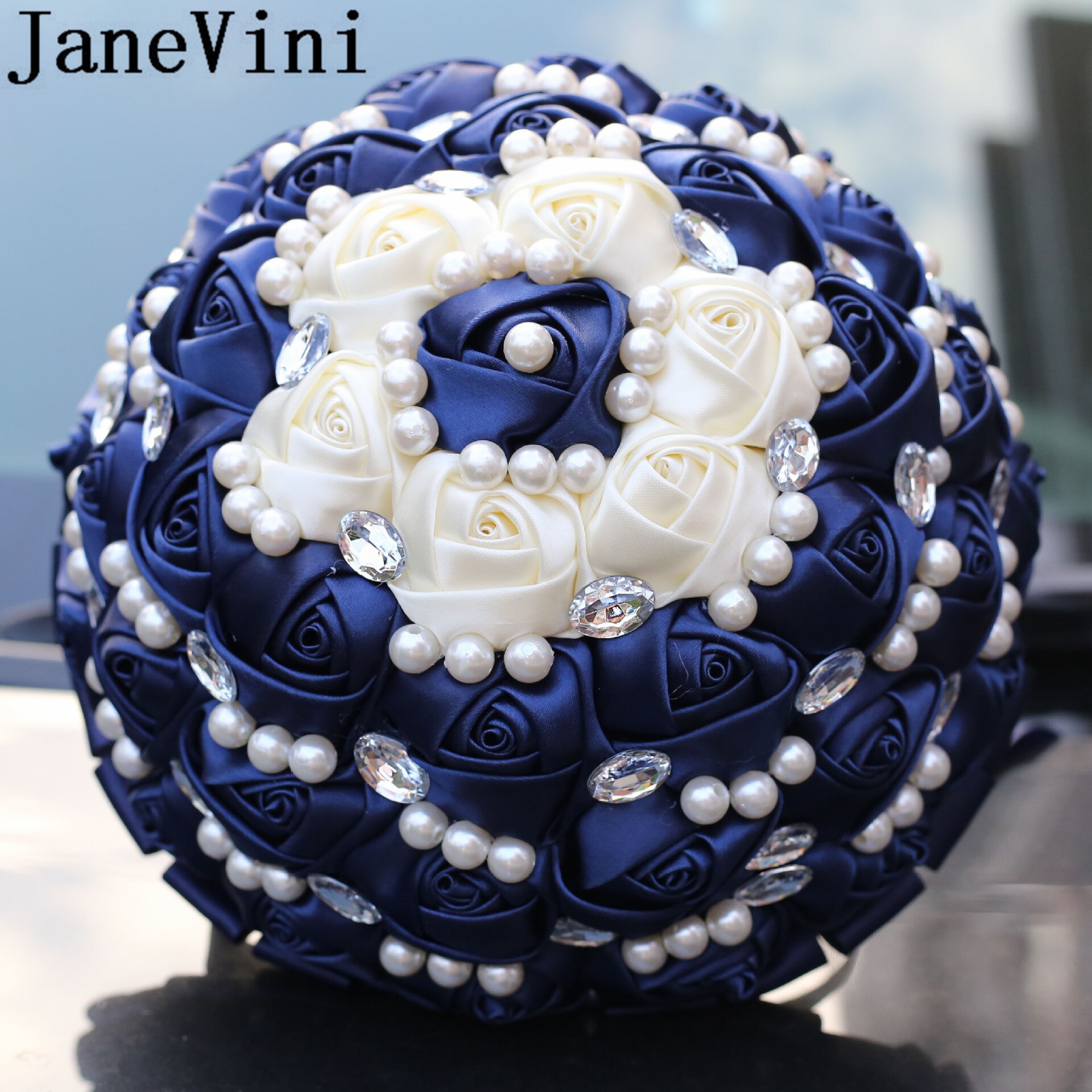 JaneVini Navy Blue Pearl Beaded Flwer Wedding Boquet Bride Satin Flower Bouquets Crystal Rose Bridal Bouquet bruids boeket