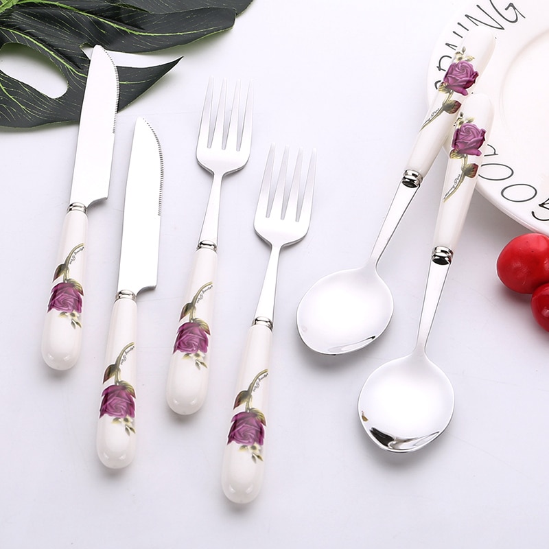 Tableware set Stainless steel Ceramic Steak Knife and Fork full set of Cutlery Spoon 6-pieces