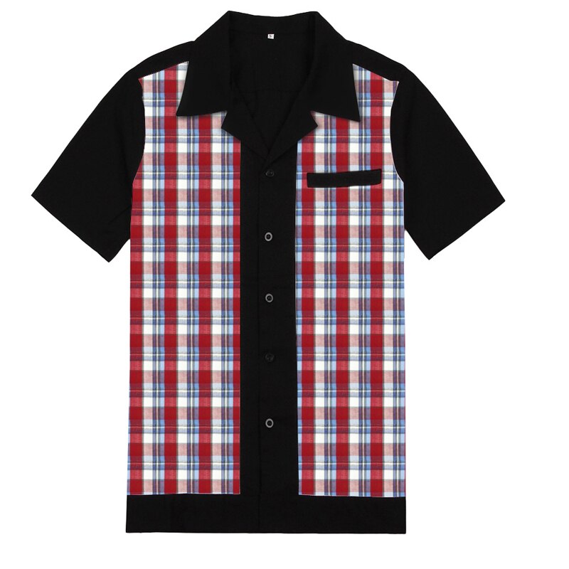 Shirts Men 50s Rockabilly Shirts Men Vintage Punk Rave Shirts Short Sleeve Plaid Printed Rolling Rock Shirt Casual US size: plaid red / M
