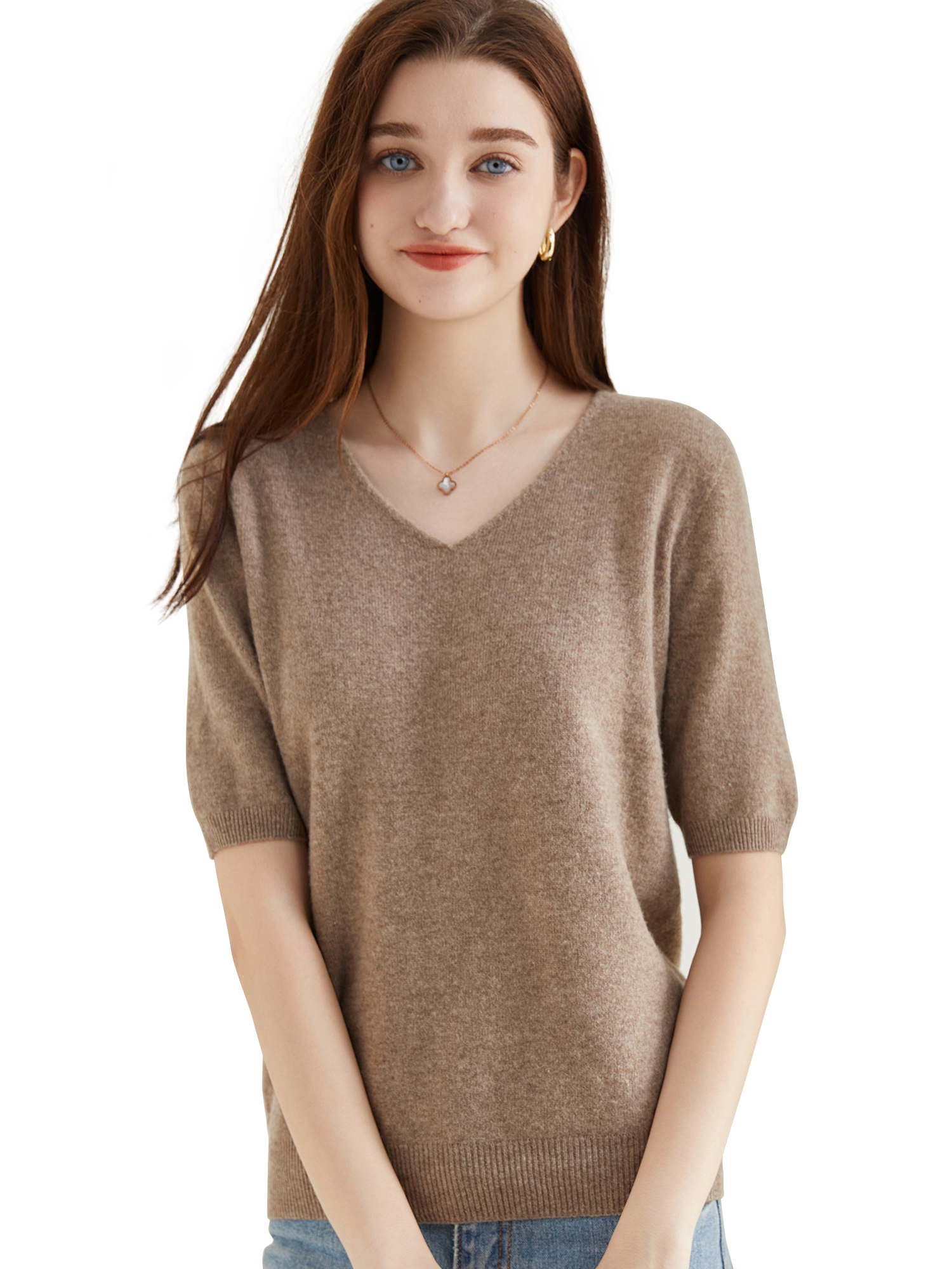 Women's Sweater 100% Merino Wool Sweater for Women Pullover Short Sleeve Tops Spring Summer V Neck Soft Knitted Female Clothing: XXL / Brown