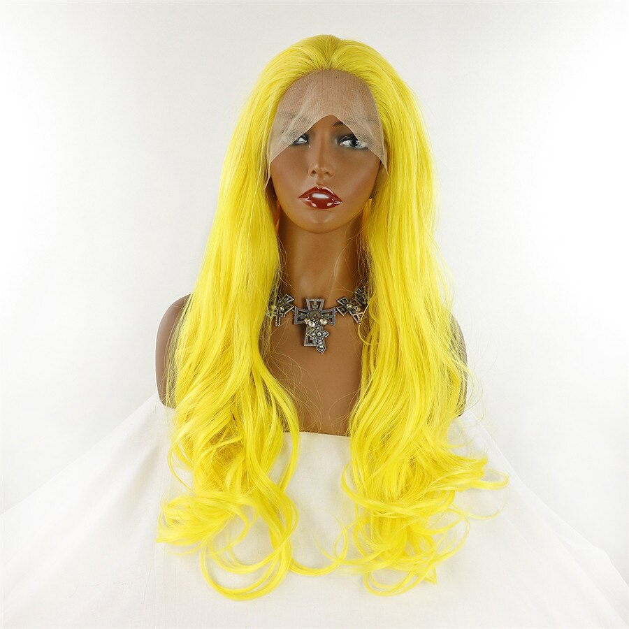 Long Body Wave Hair Synthetic Lace Front Wig Yellow Color Wig 26 Inch Glueless 180% Fiber Hair Wigs For Daily Women