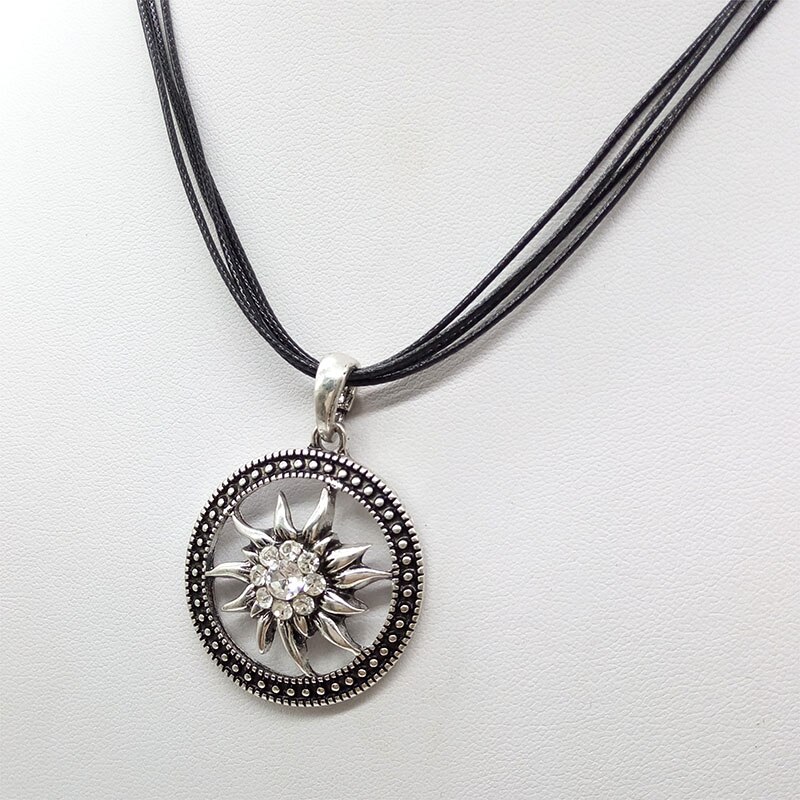 Vintage Zilveren Gesneden Edelweiss Ketting Hanger Zonnebloem Dirndl Traditionele Duitse Sieraden